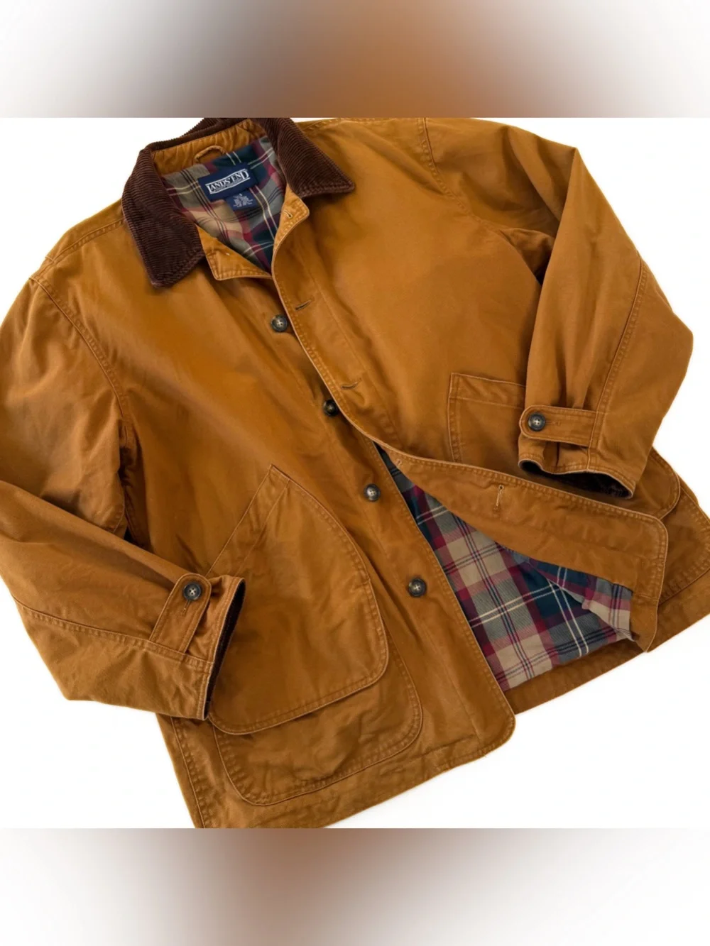 Lands End Jacket Mens Large Brown Corduroy Collar Field Barn Chore Plaid Lined